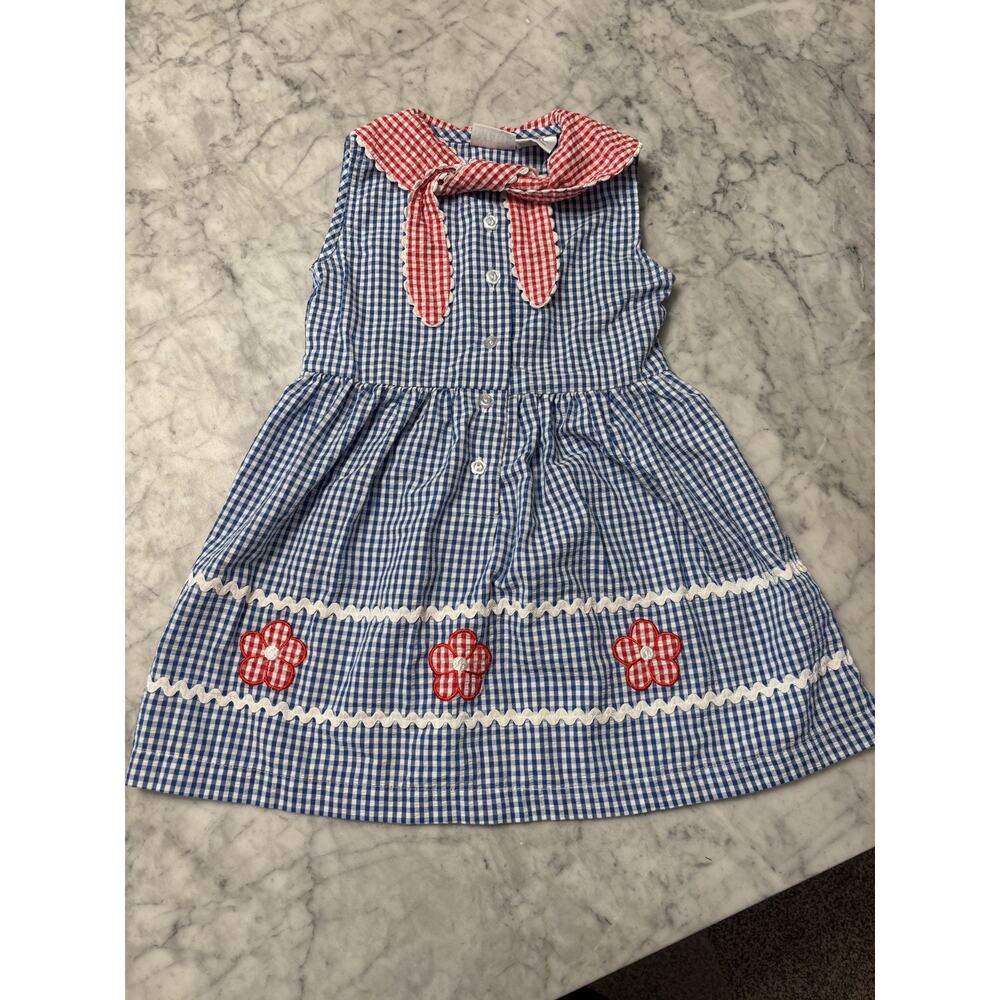 Basic Image 5T Girls dress Blue & White Checked with Red & White Sailor Neck 90s